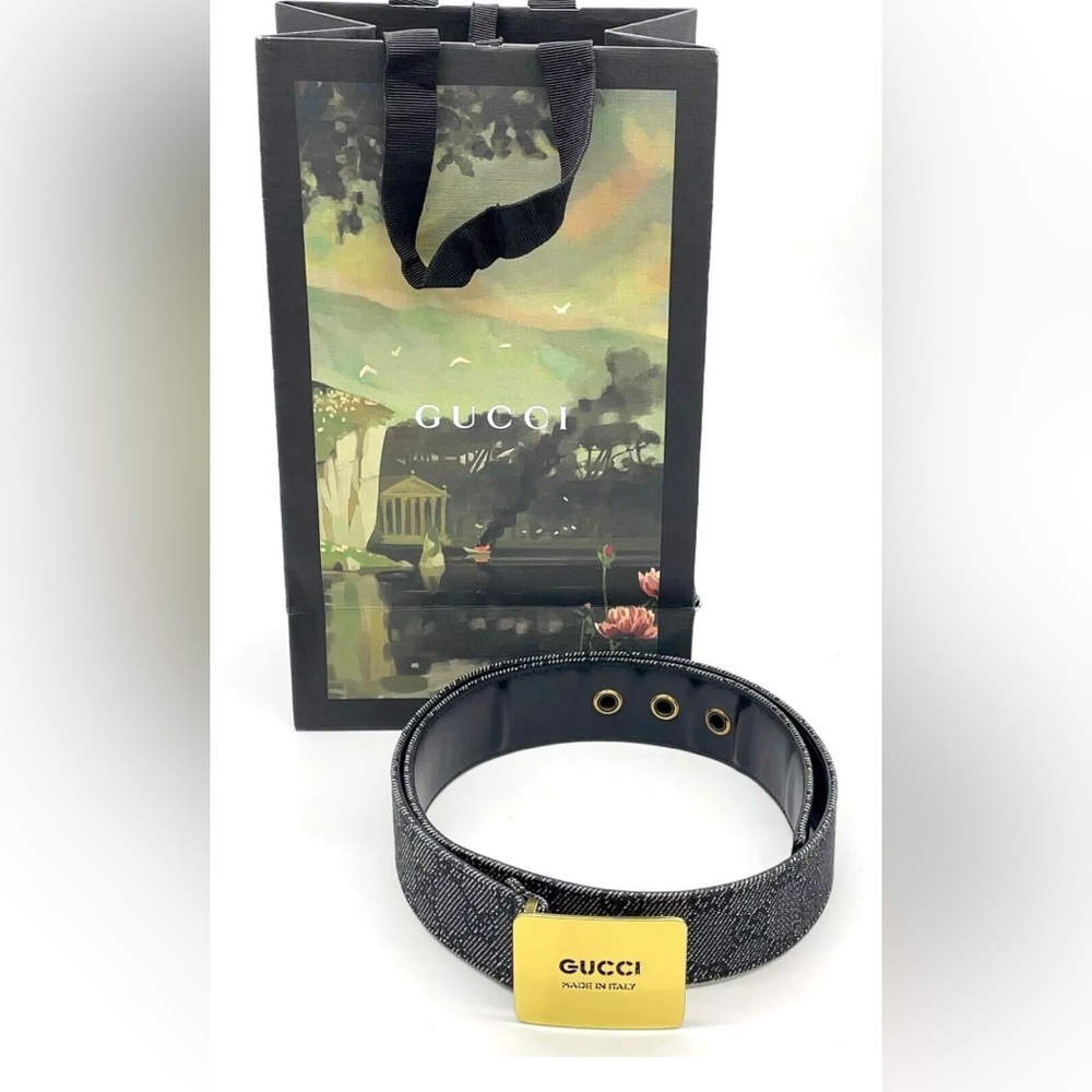 Auth GUCCI GG canvas denim 90745.1766.80.32 Belt W/Bag Gucci Black Leather Belt